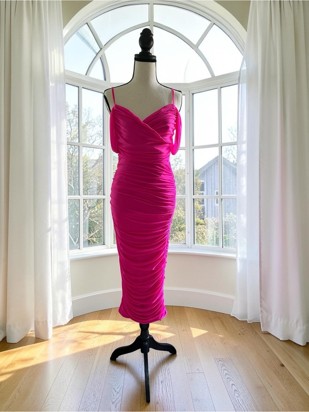 NWT Fluorescent Pink Off Shoulder Ruched Maxi Bodycon Dress Medium